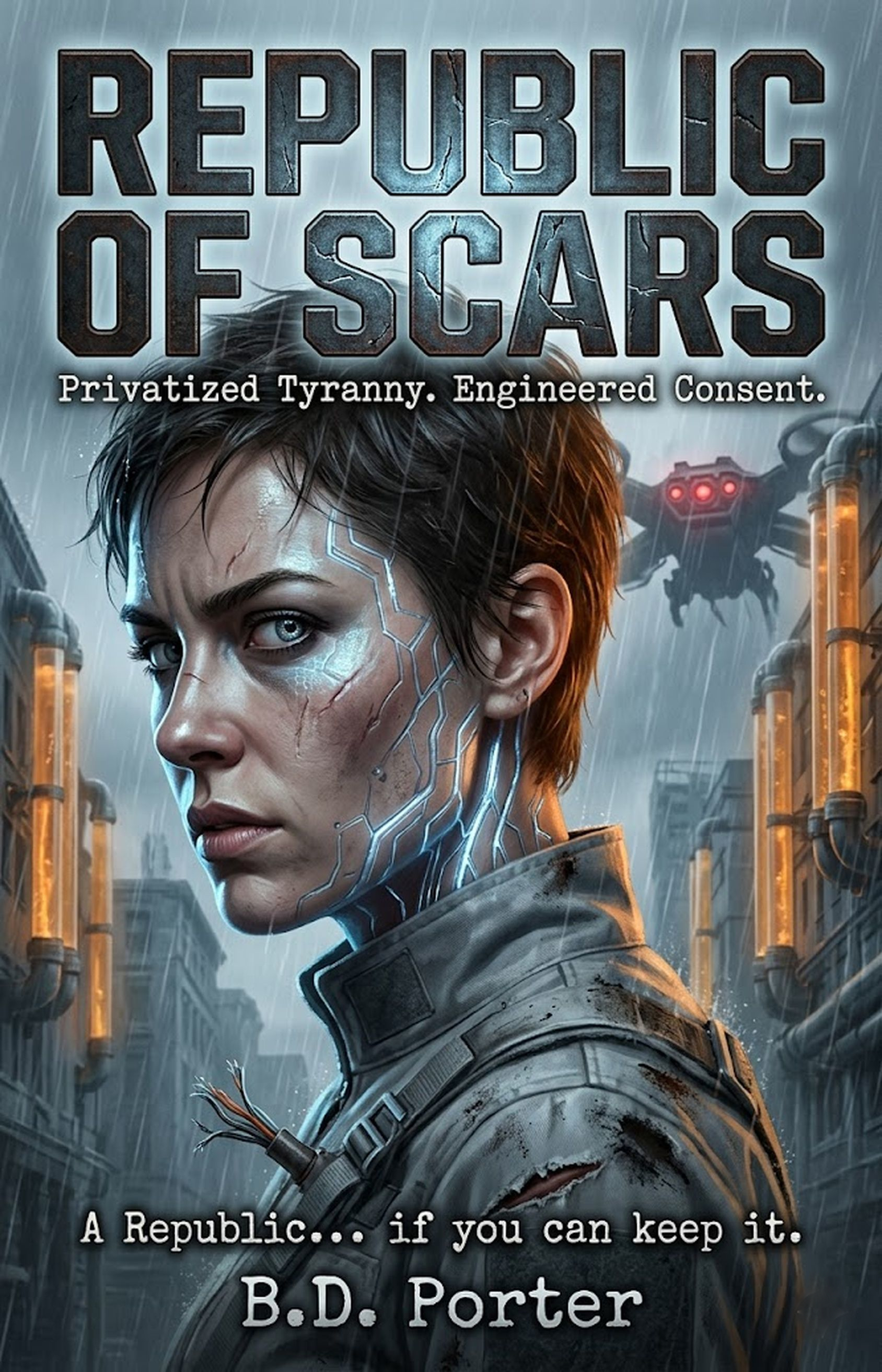 Book cover for 'Republic of Scars: Privatized Tyranny. Engineered Consent.' by B.D. Porter, featuring a cinematic, gritty cyberpunk street scene and protagonist Lena Voss
